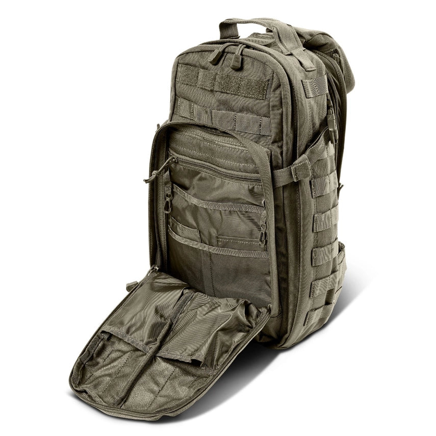 5.11 Tactical Rush Moab™ 10 Sling Pack 18L (56964) | The Fire Center | The Fire Store | Store | FREE SHIPPING | Part of the Rush Backpack series, the MOAB 10 is fully ambidextrous, high-performance sling pack loaded with tactical CCW utility. DIMENSIONS Main Compartment - 18.25" H x 9" L x 7.25" DFront pocket - 12.5” H x 8” L x 2” DTotal Capacity - 1,093cubic inch / 18-literWeight - 2.6 lbs