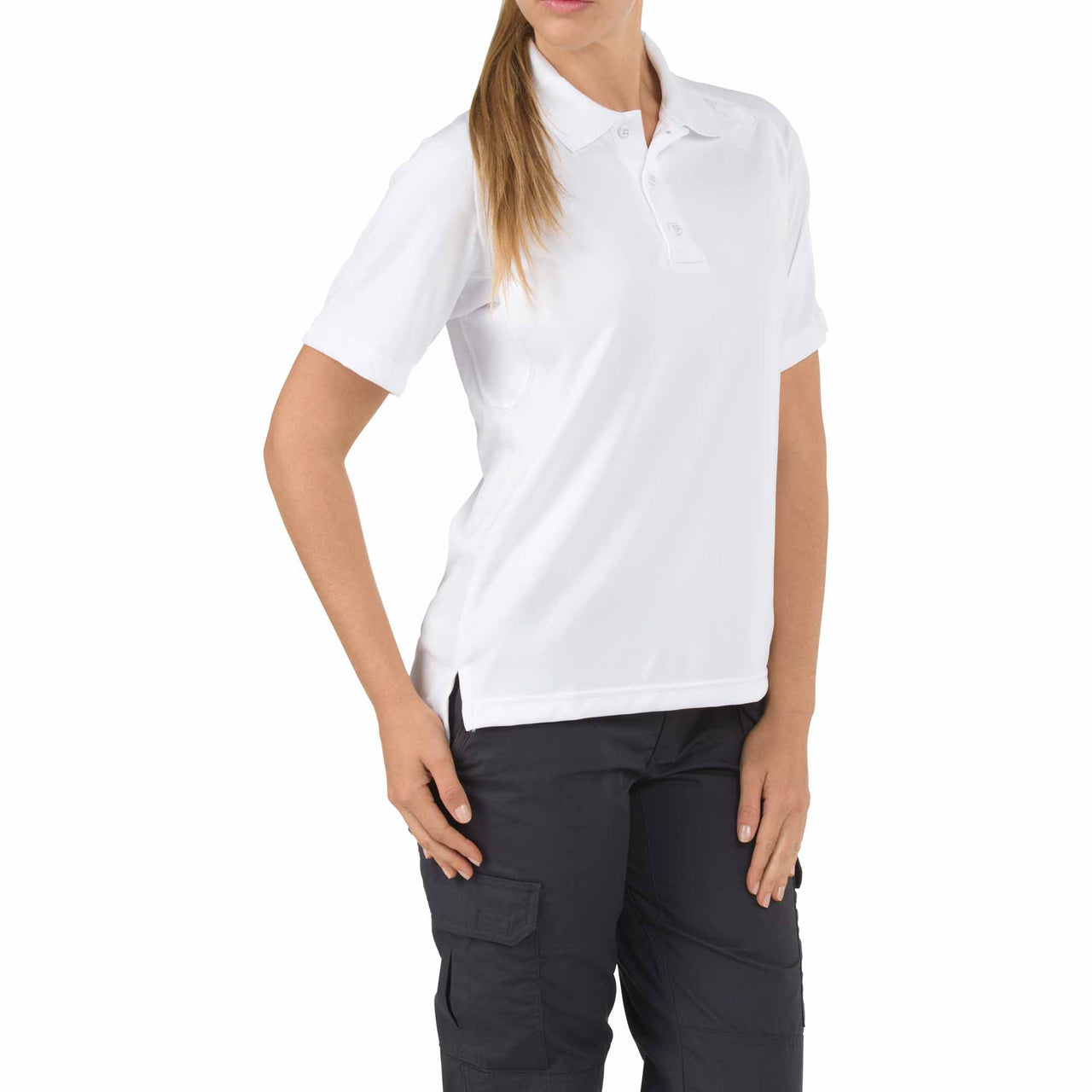 Front view of 5.11 Tactical Women’s Performance Short Sleeve Polo with structured collar and tailored fit. (61165) | The Fire Center