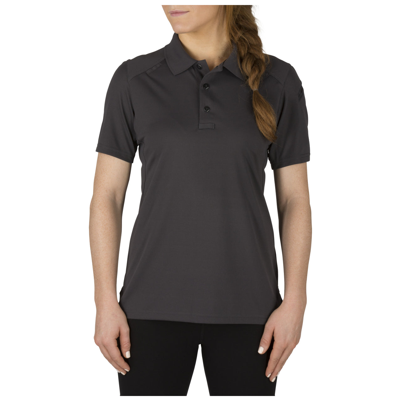 Front view of 5.11 Tactical Women’s Helios Short Sleeve Polo with sunglass loop and structured collar. (61305) | The Fire Center | Fuego Fire Center
