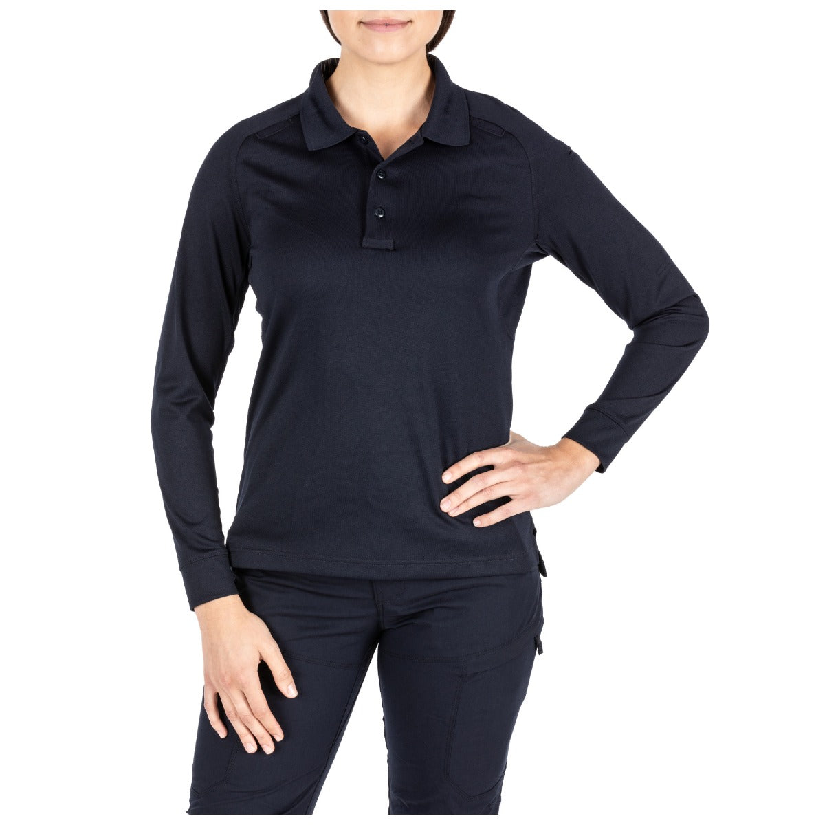 5.11 Tactical Women's Performance Long Sleeve Polo (62408) | The Fire Center | Fuego Fire Center | FIREFIGHTER GEAR | We call it the Women's Performance Polo, but honestly, that's an understatement. Made from jersey-knit 100% polyester fabric, this ultra-durable polo is wrinkle, shrink, and snag-resistant. The Performance Polo's stylish cut and stay-flat, no-roll collar transitions easily from the office to the range. 