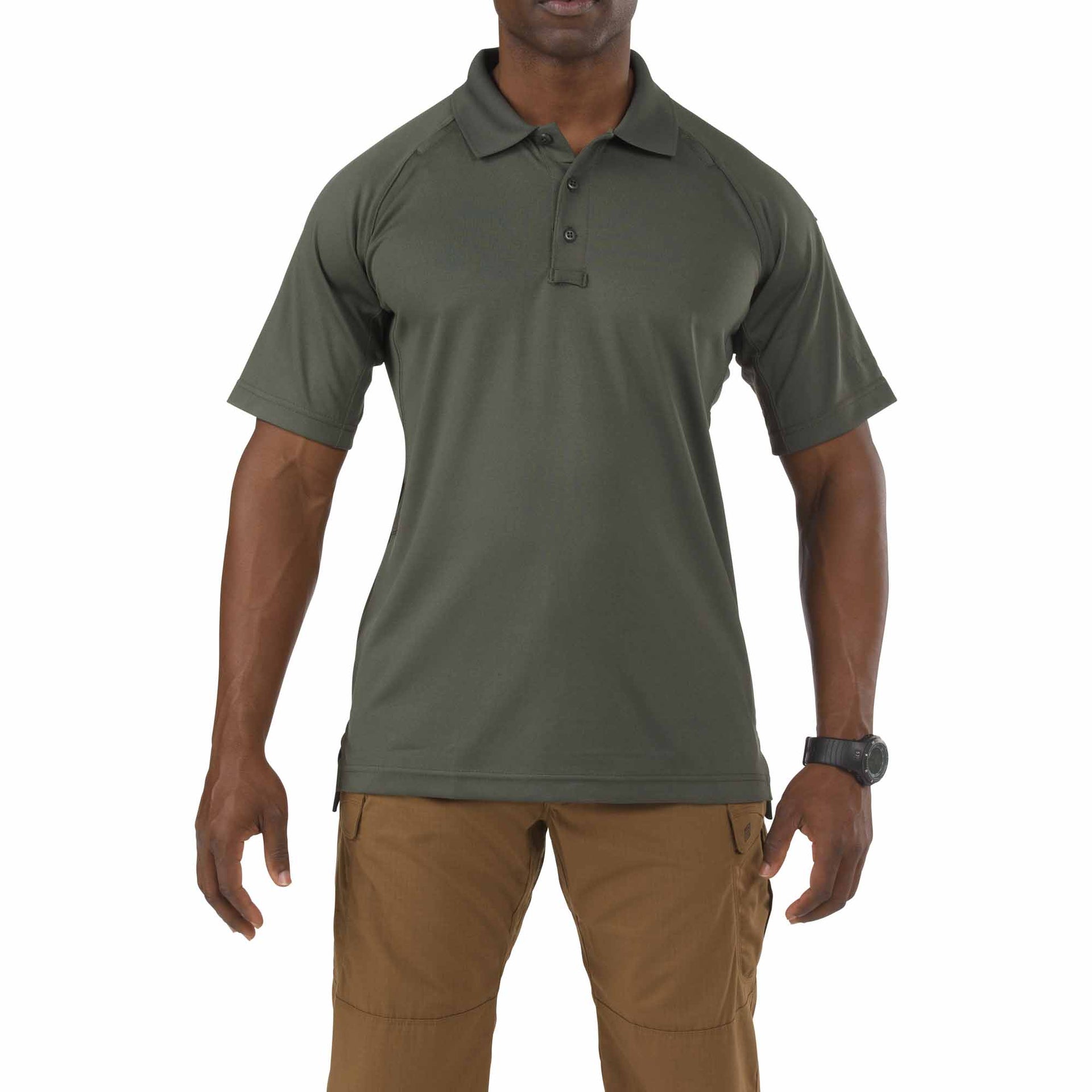 5.11 Tactical Performance Short Sleeve Polo (71049) | The Fire Center | Fuego Fire Center | Firefighter Gear | Made of jersey-knit 100% polyester fabric, the Performance Polo is wrinkle and shrink-resistant, snag-resistant, anti-odor, and has a stay-flat, no-roll collar