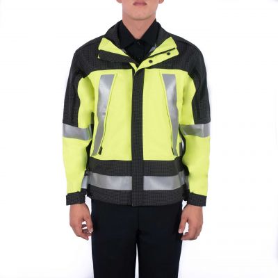 Front view of Blauer Hi-Vis SuperShell Jacket showing reflective 3M striping and waterproof design for firefighters.(9970V)| The Fire Center | Fuego Fire Center.