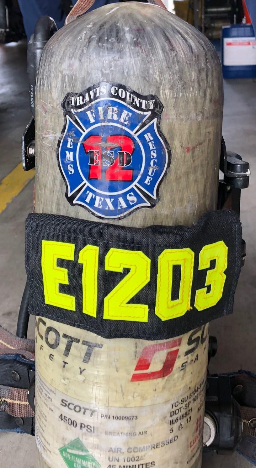 Personalized SCBA Tag/ID | The Fire Center | The Fire Store | Store | Fuego Fire Center | SCBA Identifiers, Company ID's or plain Identifiers. Readily identify all company members at an incident. Two sizes available that work on most SCBA straps. Small:7.5" X 3.5" with 2 inch letters. Large: 8" X 4.5" with 3 inch letters.