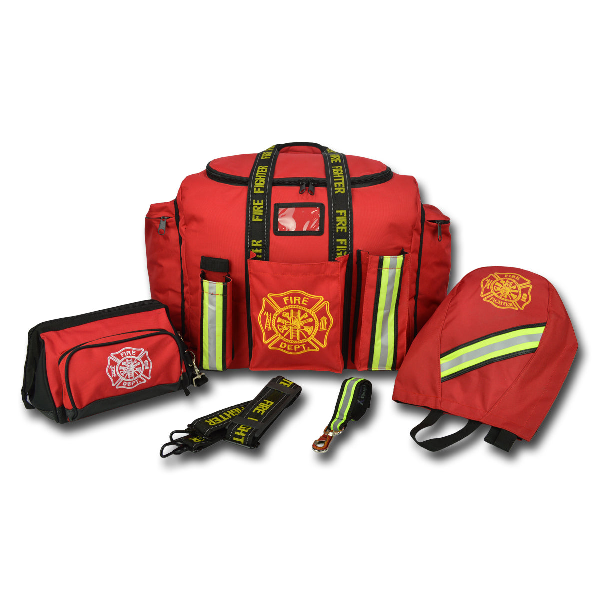 Lightning X LXFB20 bundle) | The Fire Center | Fuego Fire Center | FIREFIGHTER GEAR | must-have for shift firemen. Features our FB20 premium padded step-in turnout gear bag with front operations pockets, a lined SCBA mask/facepiece bag, a wide mouth toiletry bag, a heavy-duty reflective glove holder, and a reflective shoulder strap for the turnout bag with “FIREFIGHTER”