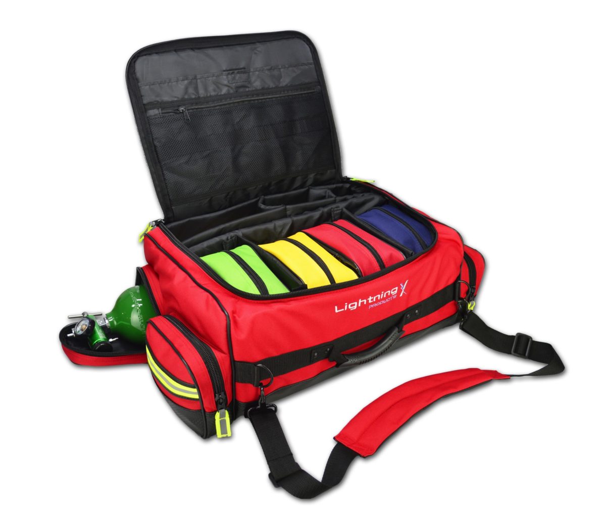 Lightning X Modular Oxygen Trauma Bag (LXMB65) | The Fire Center | The Fire Store | Store | FREE SHIPPING | The Modular ALS Bag is an excellent size and layout for EMS agencies. It features a zippered compartment that holds one D sized oxygen cylinder including regulator that allows easy access to the cylinder without having to remove it from the bag or even open the main compartment.