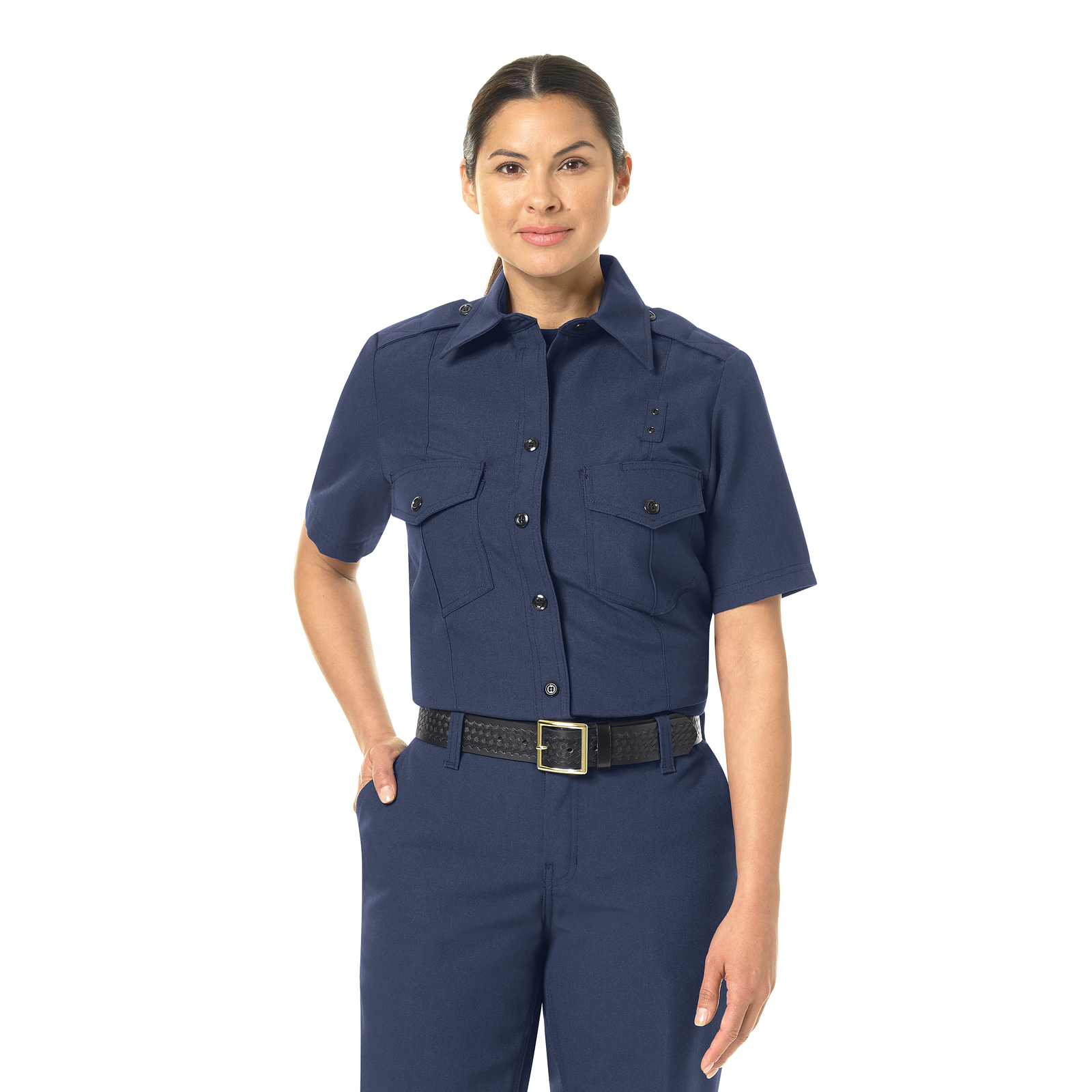 Workrite Women's Short Sleeve Classic Fire Chief Shirt (FSC3) | The Fire Center | Fuego Fire Center | Store | FIREFIGHTER GEAR | FREE SHIPPING | This short sleeve button front women's fire chief shirt has a badge tab with metal eyelets and decorative epaulets. This classic silhouette features a double-needle topstitching on the front placket and spade chest pockets and flaps with hook-and-loop closures for secure storage.