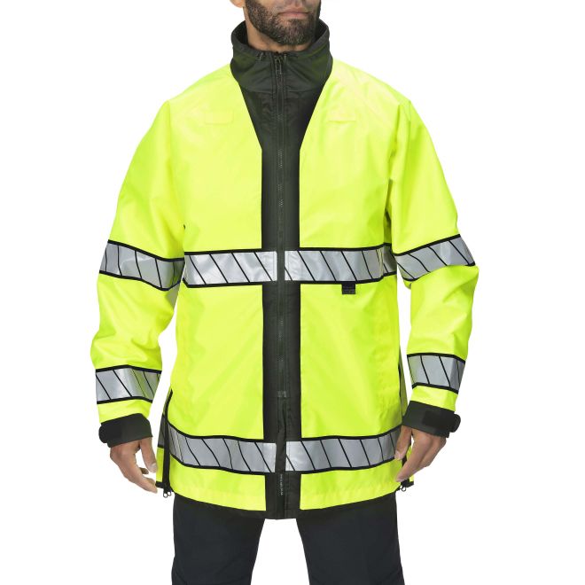 Blauer B.Dry Reversible Rain Jacket (236) | The Fire Center | Fuego Fire Center | Store | FIREFIGHTER GEAR | FREE SHIPPING | Now with WaterBlock technology, which seals adjustably to your body at the cuffs and neck for a waterproof fit, our B.DRY® Reversible Rain Jacket features a design that's stood the test of time.  Durable construction and design will keep you looking great for years, with unmatched comfort for every day out on the street.