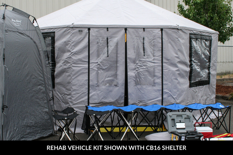 The Rehab Vehicle Kit is easy to transport by pickup, SUV, or fire apparatus. Just two crew members can set up our rehab system or one member can get things going.  The entire Vehicle Rehab Kit is stored in heavy duty vinyl bags, with multiple webbing handles for quick access, handling and portability. Leave the Kit on the BC or Safety vehicle, or store on the floor in the station and grab it when needed.