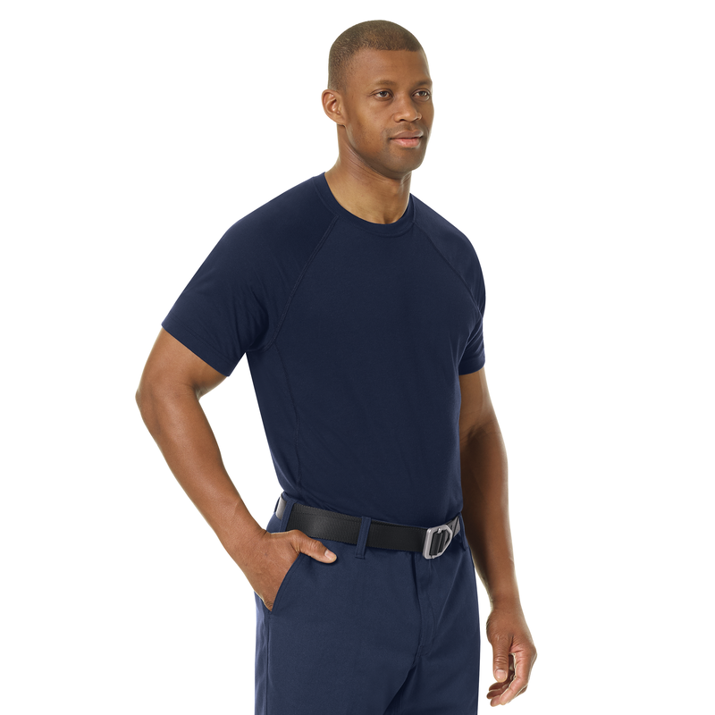This lightweight FR stationwear base layer made with Tech T4™ fabric is designed with the features and performance you love plus the FR protection you need.  More protection. More benefits. More comfort. This lightweight FR stationwear base layer made with Tech T4™ fabric serves you better than cotton t-shirts with enhanced seam strength and fire service-specific features. Durable, comfortable, and cool. We've got you covered. Athletic, tapered fit. Ribbed-knit collar.