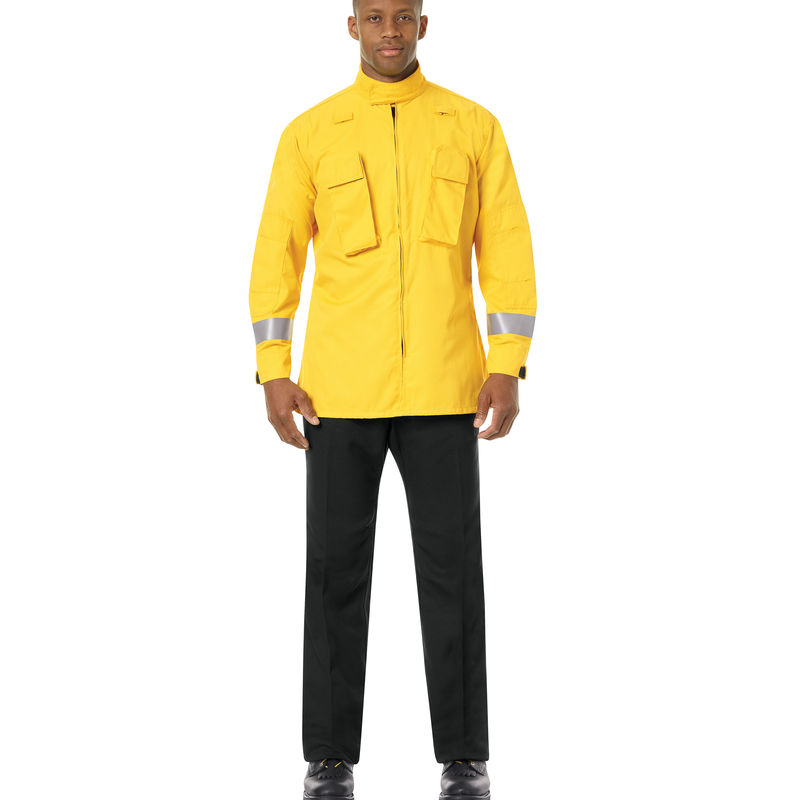 Our Wildland jackets reflect everything you need from your gear when it’s go-time. 3M™ Scotchlite™ Reflective Material on the sleeves. 3" stand-up collar to interface with helmet shroud. Hassle-free, hoo-kand-loop pocket flap closures and adjustable cuffs. Bi-swing back for increased ease of movement. Two microphone clips on shoulders (left and right). Reinforced, articulated elbows hold up under the toughest conditions. Regular fit. Two bellowed radio chest pockets with hook-and-loop closures.