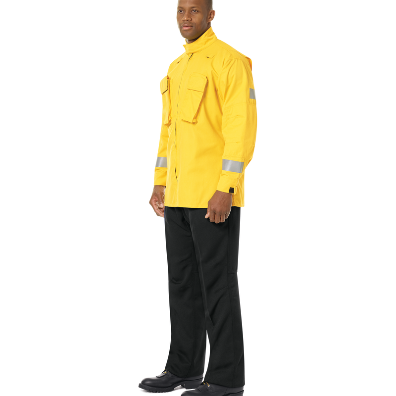 Our Wildland jackets reflect everything you need from your gear when it’s go-time. 3M™ Scotchlite™ Reflective Material on the sleeves. 3" stand-up collar to interface with helmet shroud. Hassle-free, hoo-kand-loop pocket flap closures and adjustable cuffs. Bi-swing back for increased ease of movement. Two microphone clips on shoulders (left and right). Reinforced, articulated elbows hold up under the toughest conditions. Regular fit. Two bellowed radio chest pockets with hook-and-loop closures.