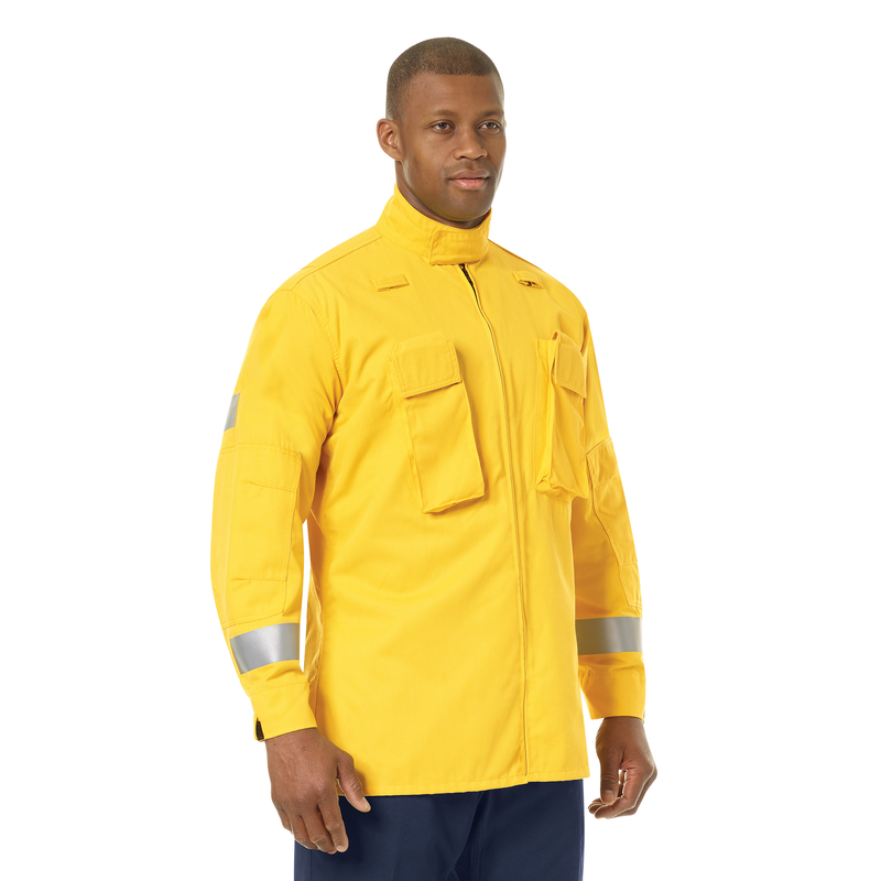 Our Wildland jackets reflect everything you need from your gear when it’s go-time. 3M™ Scotchlite™ Reflective Material on the sleeves. 3" stand-up collar to interface with helmet shroud. Hassle-free, hoo-kand-loop pocket flap closures and adjustable cuffs. Bi-swing back for increased ease of movement. Two microphone clips on shoulders (left and right). Reinforced, articulated elbows hold up under the toughest conditions. Regular fit. Two bellowed radio chest pockets with hook-and-loop closures.