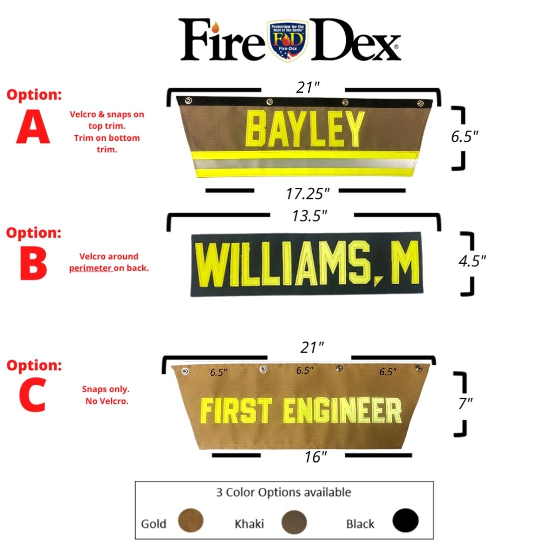 Personalized Firefighter Name Tag Panel | Fuego Fire Center | The Fire Center | Firefighter Gear | We are a top US ISP Provider of personalized items like name plates, company IDs, tags and SCBA identifiers for every major brand of gear including Morning Pride, Globe, Lion, Innotex, Fire-Dex, Lakeland and Bespoke.