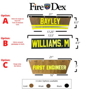Personalized Firefighter Name Tag Panel | Fuego Fire Center | The Fire Center | Firefighter Gear | We are a top US ISP Provider of personalized items like name plates, company IDs, tags and SCBA identifiers for every major brand of gear including Morning Pride, Globe, Lion, Innotex, Fire-Dex, Lakeland and Bespoke.